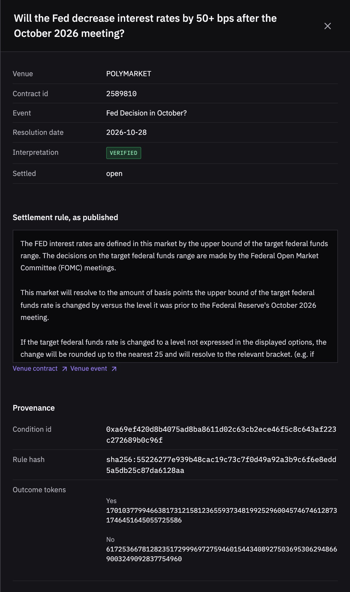 The Rook contract inspector: venue, contract id, resolution date, a verified interpretation badge, the settlement rule exactly as the venue published it, links back to the venue, and the provenance hashes.